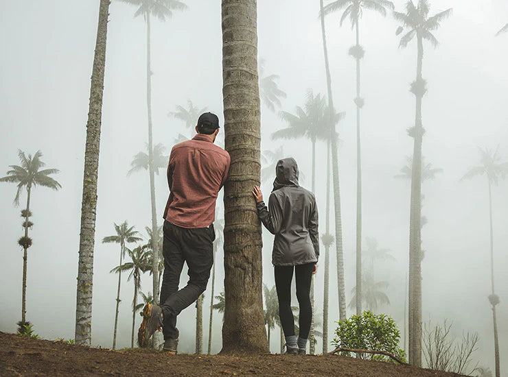 Man and woman standing by palm tree
